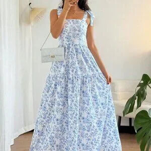 Blue And White Boho Floral Women's Elegant Long Dress